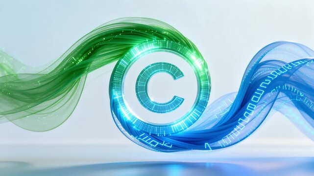 3d loop of organic green and digital blue light streams weaving into copyright symbol for intellectual property day