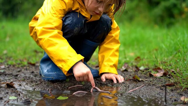Child in yellow raincoat exploring earthworms in muddy puddle