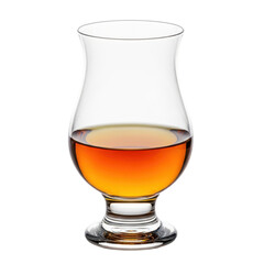A glass of amber colored liquid in a clear tulip shaped glass against a white background amber liquid