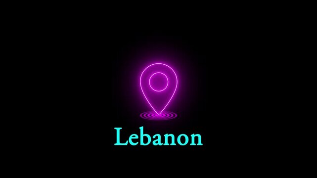 Shimmering pink neon location pin icon with a bright halo effect on a black screen with neon light with map marker