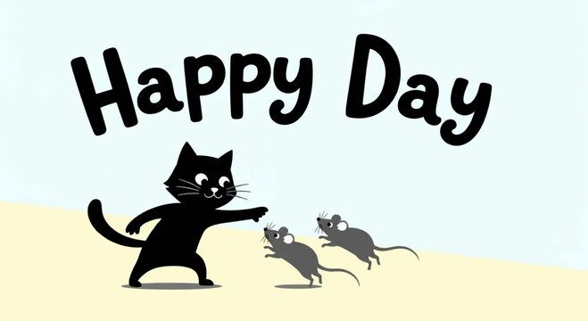 Black cat playfully interacts with two gray mice on sandy ground with happy day text