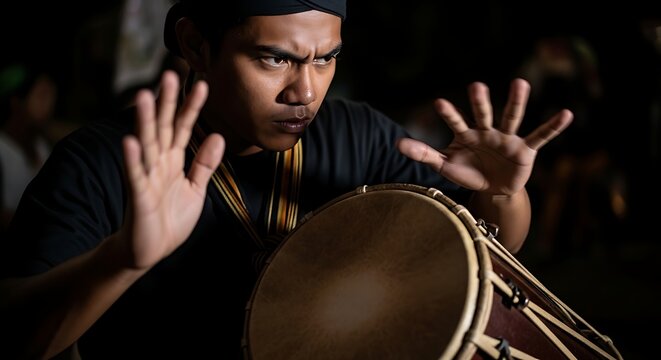 Dynamic Percussionist Concentratedly Plays Traditional Kendang Drum Expressive Face Focused on Rhythmic Performance and Cultural Heritage Preservation