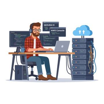 A man works on a laptop at a desk with servers and monitors showing code in an office.
