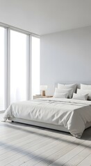 Fototapeta premium Modern minimalist bedroom with white bedding and large window