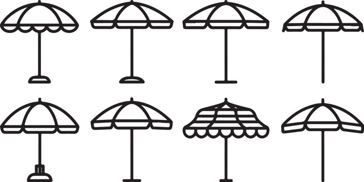 Various styles of umbrellas with different canopy designs and bases. Vector