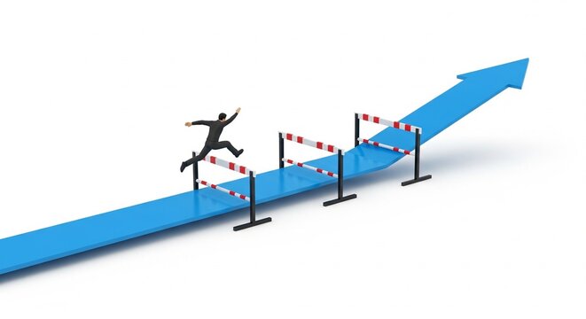 Businessman jumping over hurdles on an upward trending arrow, symbolizing business growth and overcoming challenges, 3D render for corporate strategy and success concepts.