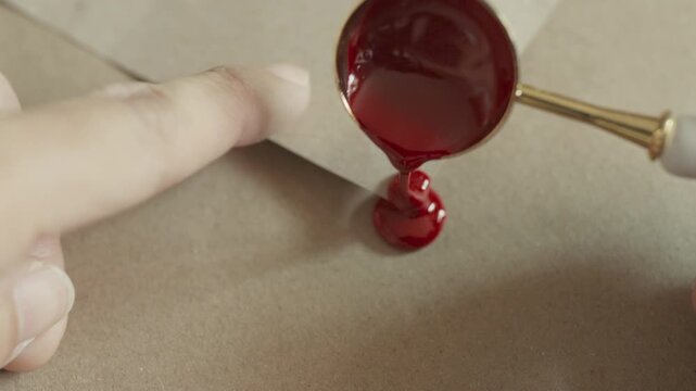 Close-up of Vintage Letter Being Sealed with Red Wax and Heart Stamp