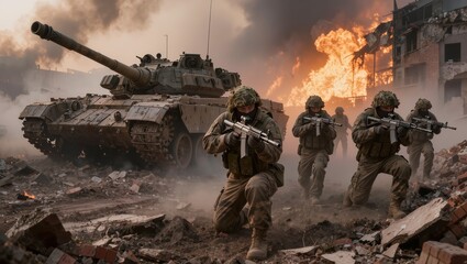 Naklejka premium Heavy military tanks advancing through a battlefield with explosions and thick smoke in the background. Dramatic scene of modern warfare, destruction and armed conflict in a crisis zone.