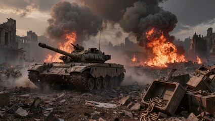 Naklejka premium Heavy military tanks advancing through a battlefield with explosions and thick smoke in the background. Dramatic scene of modern warfare, destruction and armed conflict in a crisis zone.