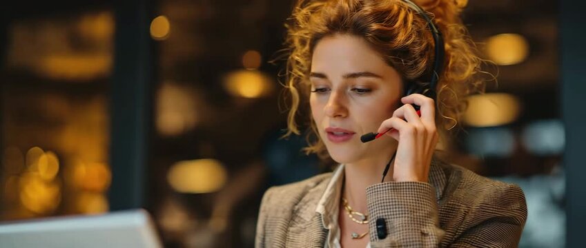 In a contemporary office cubicle, a businesswoman in a suit and headset speaks into a microphone while taking notes on a clipboard.