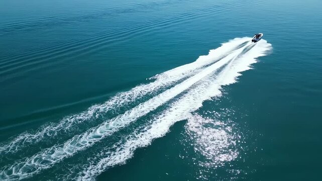 A lone boat swiftly creating a long white wake on calm blue water