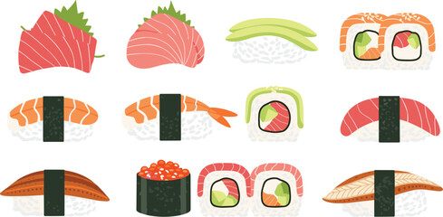 Japanese Sushi Collection with Salmon Nigiri Maki Rolls Shrimp Sushi and Traditional Japanese Food Vector Illustration Set © Sanjida
