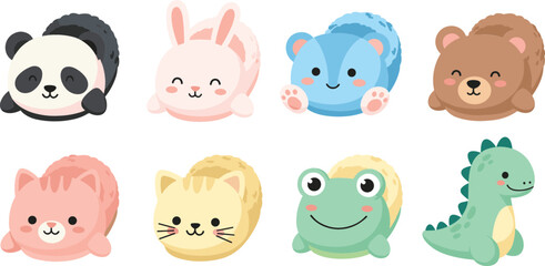 Obraz premium Cute cartoon animal faces vector illustration set with panda, bunny, bear, cat, frog and dinosaur, adorable kids character collection design