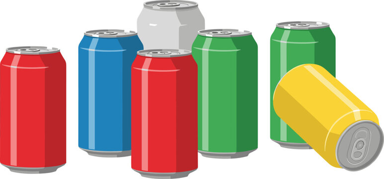 Colorful Aluminum Soda Can Collection with Red Blue Green Yellow and Silver Beverage Cans for Soft Drink Packaging Product Mockup and Refreshment Illustration.