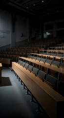 Naklejka premium Empty university lecture hall with wooden desks in dim lighting