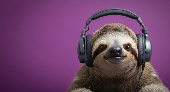 A sloth wearing headphones and enjoying music on a purple background