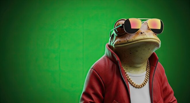 Frog wearing sunglasses and gold chains in a red jacket on green background