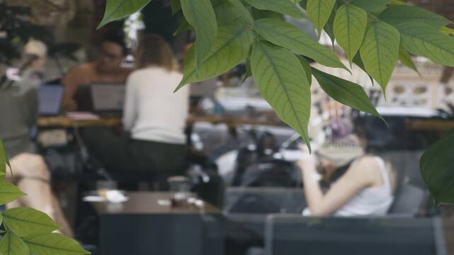 Close-up of fresh green tropical leaves in sharp focus with a blurred background of people sitting in a street caf&eacute; in Vietnam. The scene captures an authentic Southeast Asian urban lifestyle, combini