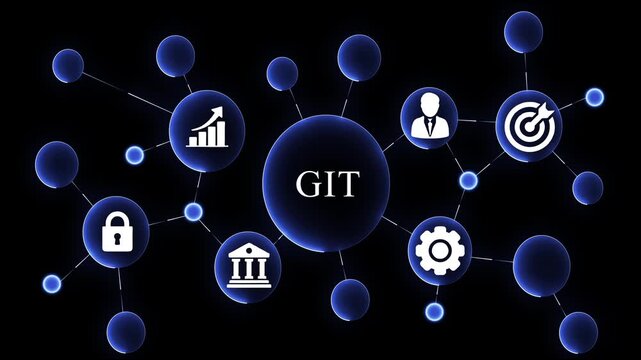 Futuristic digital collaboration network with git version control system and connecting lines software development workflow