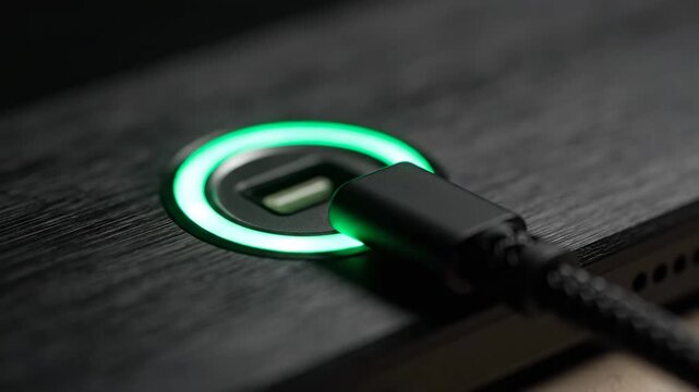 A green glowing USB connector on a dark surface.