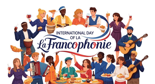 Illustration of diverse people celebrating International Day of La Francophonie with food, music, and drinks on a white background.