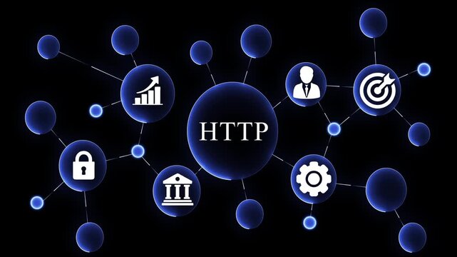 Abstract digital network visualization with H T P protocol data flow and global connectivity symbols