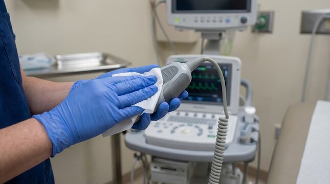 Medical professional in blue gloves cleaning an ultrasound probe.