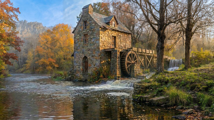Stone gristmill with wooden waterwheel on a rushing river during autumn. Golden morning mist surrounds cascading waterfalls and vibrant fall foliage in a tranquil rustic forest landscape.