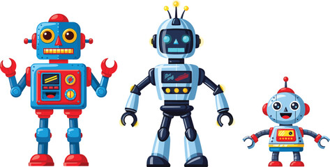 Fototapeta premium Retro Cartoon Robot Characters Set Featuring Colorful Friendly Android Mascots for Kids Technology Robotics Education Sci Fi Illustrations and Creative Design.