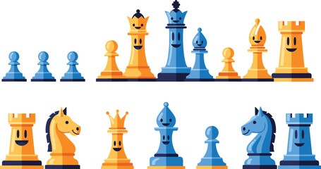 Colorful Chess Pieces Collection with King Queen Rook Bishop Knight and Pawn Characters for Strategy Board Game Design Education and Intellectual Sports Graphics. © Sanjida