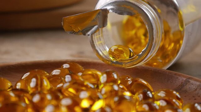 softgel capsules pouring out of opened glass bottle onto wooden plate, supplement herbal extract health concept