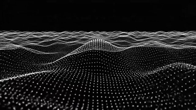 Abstract digital wave pattern formed by glowing particles on a dark background
