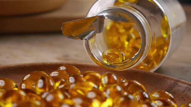 softgel capsules pouring out of opened glass bottle onto wooden plate, supplement herbal extract health concept