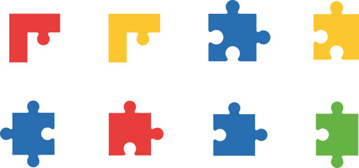 Naklejka premium Simple Puzzle Piece Icon Set with Colorful Jigsaw Elements for Teamwork Problem Solving Strategy Concepts Education Graphics and Creative Design.