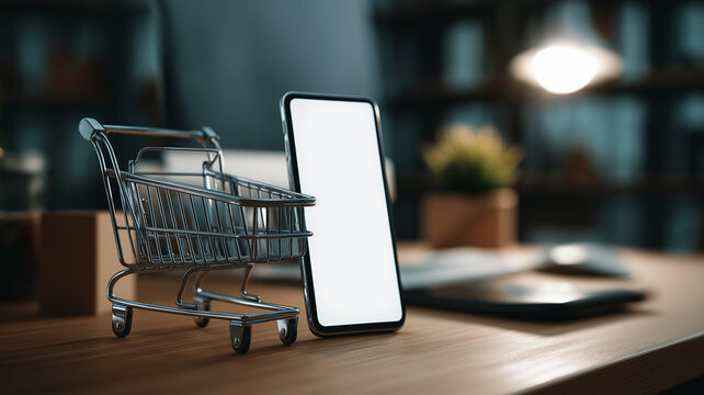 夜のデスクに置かれたスマートフォンとショッピングカート ECサイトとオンライン購入のイメージ