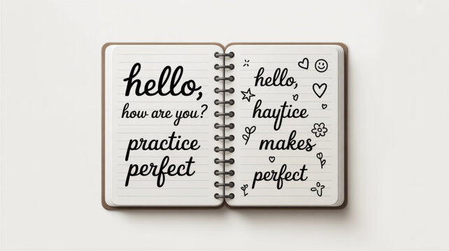 Handwritten phrases and doodles in an open notebook practice makes perfect concept for education or journaling isolated on white background
