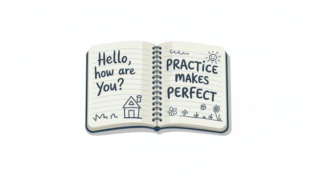 Open notebook with handwritten Hello how are you and Practice makes perfect phrases featuring simple drawings of a house sun and flowers ideal for educational or motivational concepts