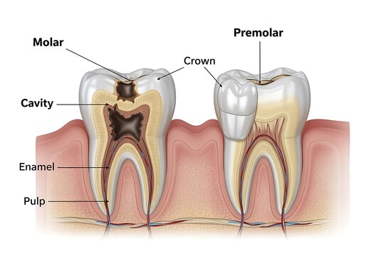 Detailed crosssection illustration of a decayed molar tooth and a healthy premolar tooth with a crown
