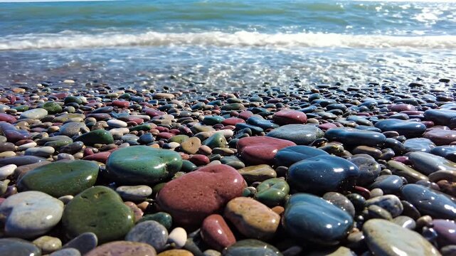Close up of colorful wet pebbles on a beach with gentle ocean waves