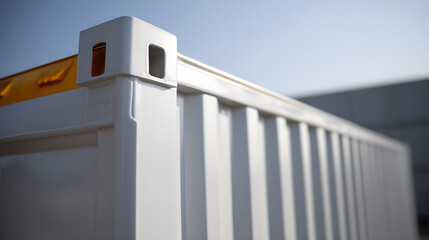 Obraz premium Close-up of a white industrial shipping container corner with a visible yellow top element under a bright, clear sky, symbolizing global trade and logistics