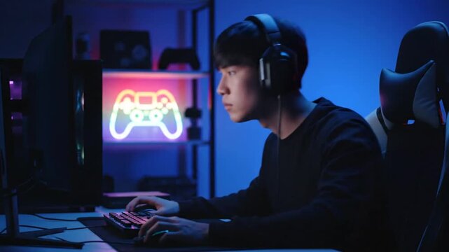 Young gamer plays on PC.