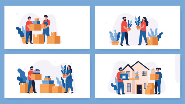 Family and professional movers carrying boxes and potted plants while moving into a new home in a four-part sequence.