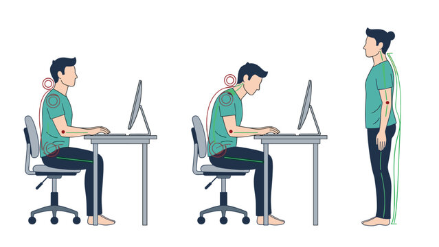 Infographic showing the difference between correct and incorrect sitting and standing postures for spinal health.