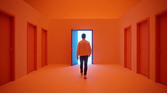 Man walks into bright doorway.