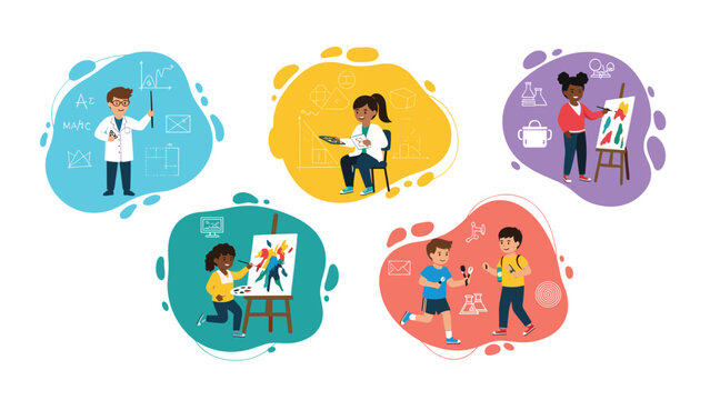 Set of children participating in various school subjects and hobbies such as science, painting, and physical education.