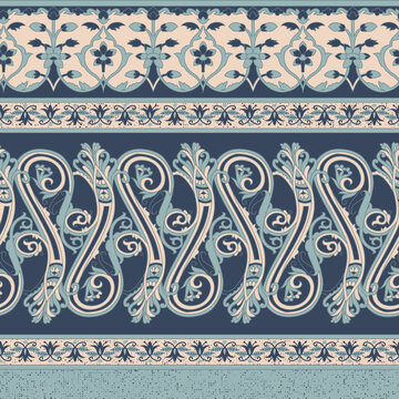 Vintage Paisley Border Design on Navy Background Seamless Pattern