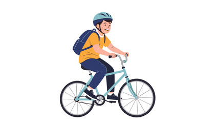 Fototapeta premium Young boy wearing a safety helmet and backpack riding a blue bicycle against a clean white background for easy cutout.