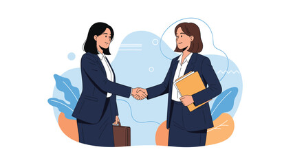 Fototapeta premium Two professional businesswomen in dark suits shaking hands after a successful business meeting or new deal agreement.