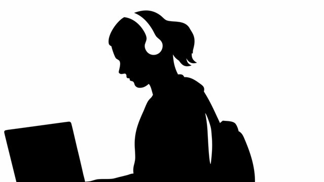 Black silhouette of young woman with headphones using laptop for online education at night