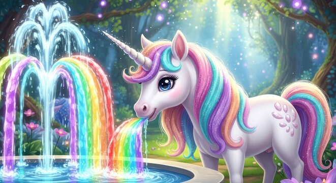 Magical Unicorn Drinks Rainbow Water from Enchanted Fountain in Fairy Tale Forest
